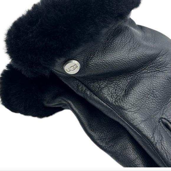 UGG Womens Shearling-Trim cuff Black leather Shorty Gloves Size Large - Picture 6 of 12